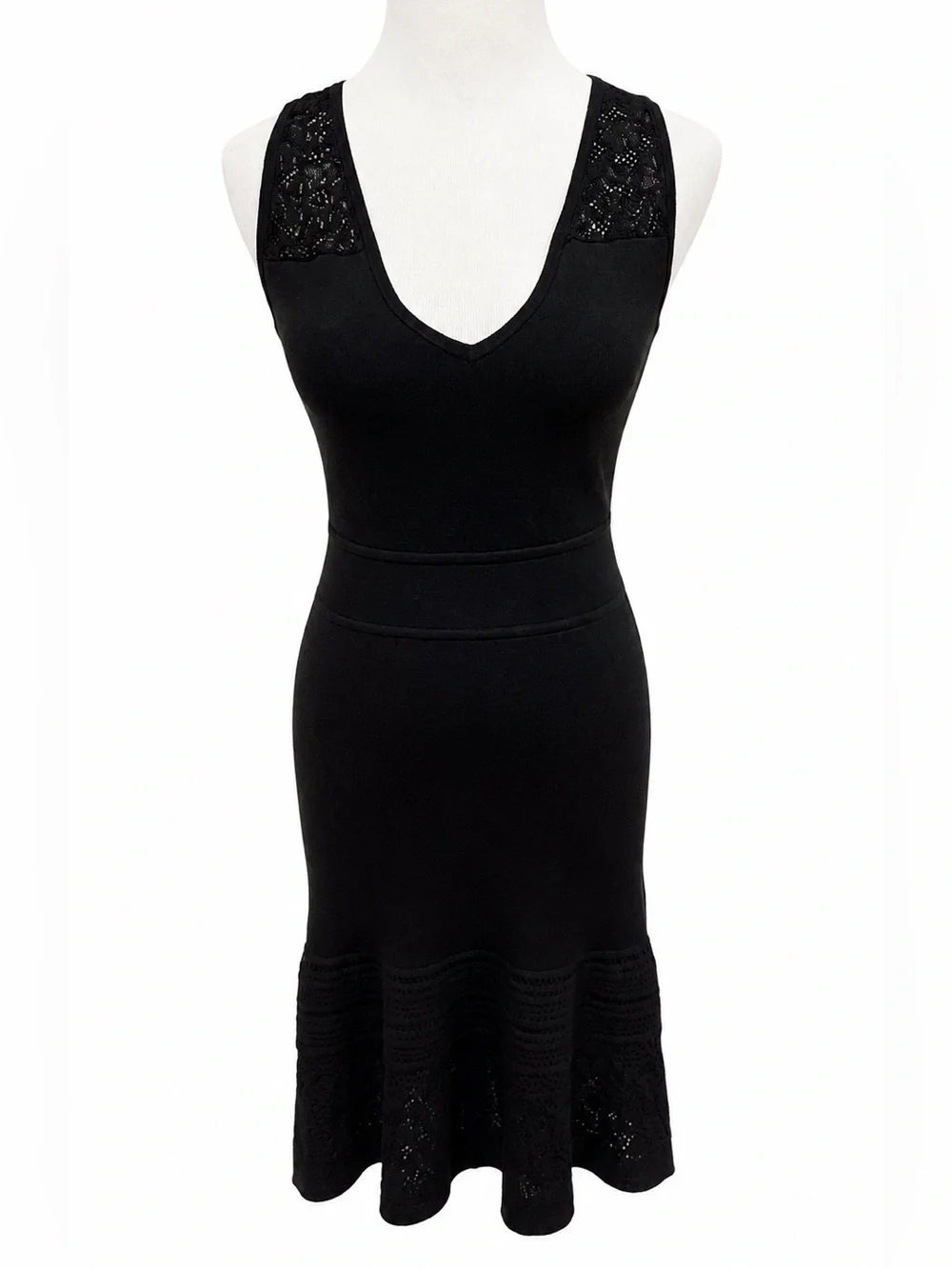 Michael Kors Black V-Neck Lace-Trim Fitted Dress Size Small